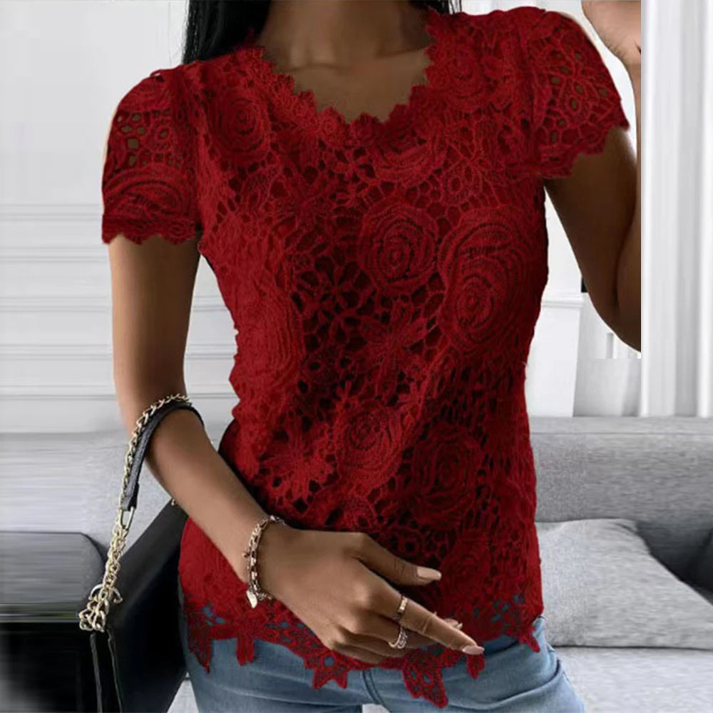 Womens Lace Round Neck Tops T-Shirts Ladies Summer Casual Short Sleeve Blouse Pullover Fashion Clothing For - OneLoveCanada