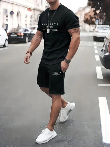 Short-sleeved shorts summer suit men's t-shirt trend printing round neck men's set with gangster handsome sports two-piece suit