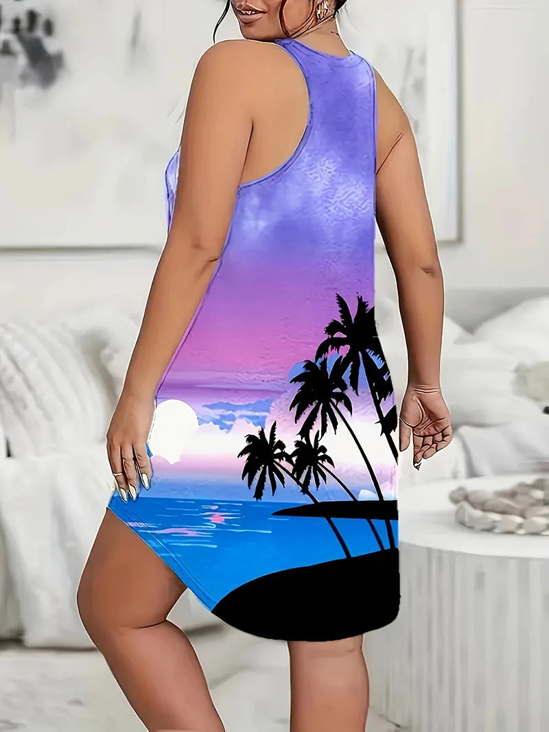 Plus size summer new plus size women's sexy 3D printed dress women's sleeveless dress