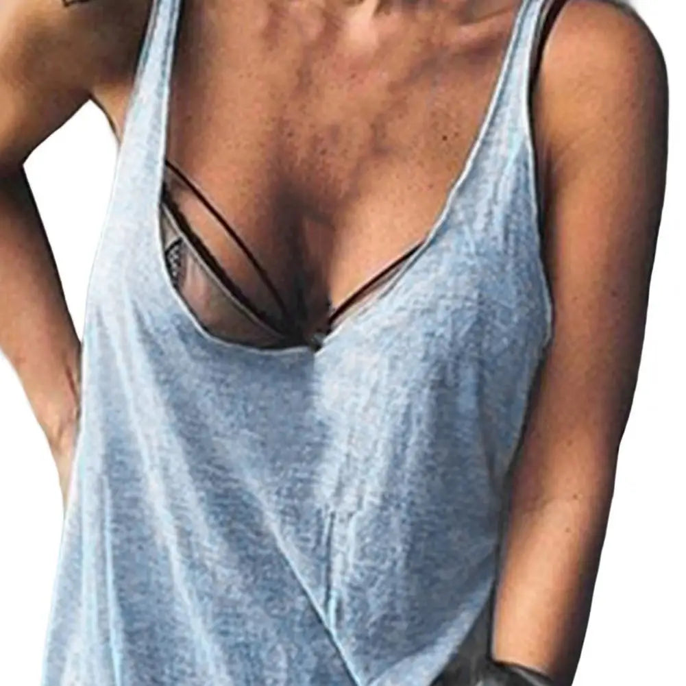 Lady Casual Solid Color Loose Tees U-neck Sleeveless Thin Women Vest Low Collar Stretchy Lady Summer Simple T-shirt Streetwear - OneLoveCanada