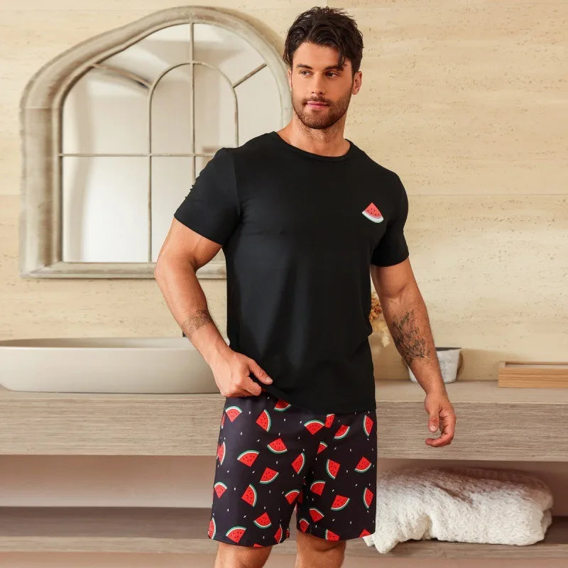 Plus Size Pajama Set Spring Summer Men's Short Sleeve Shorts Loose Breathable Black Crew Neck Top Shorts Loungewear 2 Piece Set