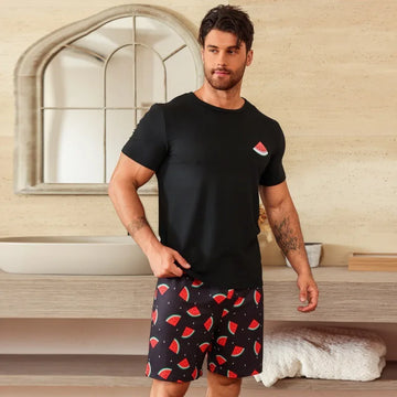 Plus Size Pajama Set Spring Summer Men's Short Sleeve Shorts Loose Breathable Black Crew Neck Top Shorts Loungewear 2 Piece Set