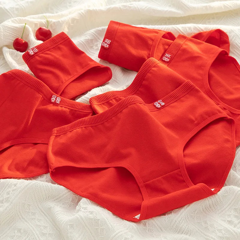 5Pcs/Set Women's Red Shorts Simple Cotton Underwear Sexy Briefs Girls Solid Color Female Intimates Panties Breathable Pantys