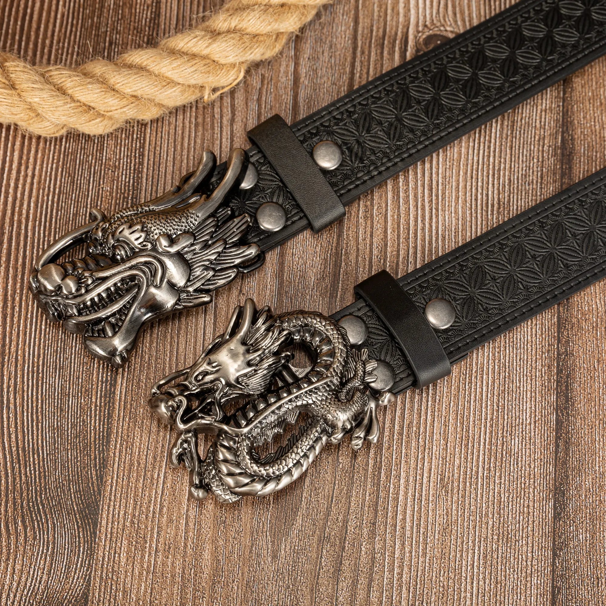 Silver three-dimensional dragon head whole dragon buckle simple trend window flower PU emb button belt