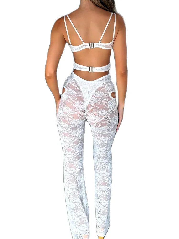 Women's Lace Sexy Jumpsuits Sleeveless Hollow Out Bodycon Long Romper Summer See Through Beach Club Overalls Streetwear Summer