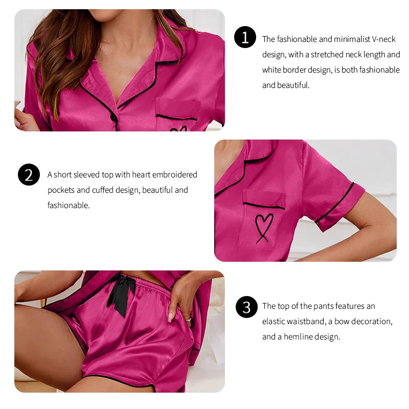 Women's Sleepwear Turn-down Collar Button Up Top And Shorts Pajamas Set Comfortable Satin Solid Pijamas Loungewear Lounge Set