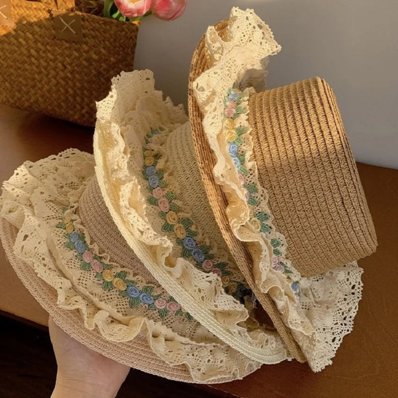 Lolita Hats French Elegant Lace Straw Caps Flat-topped Wide-brimmed Hat Beach Seaside Sun Cap Fashion Headwear for Women Girls
