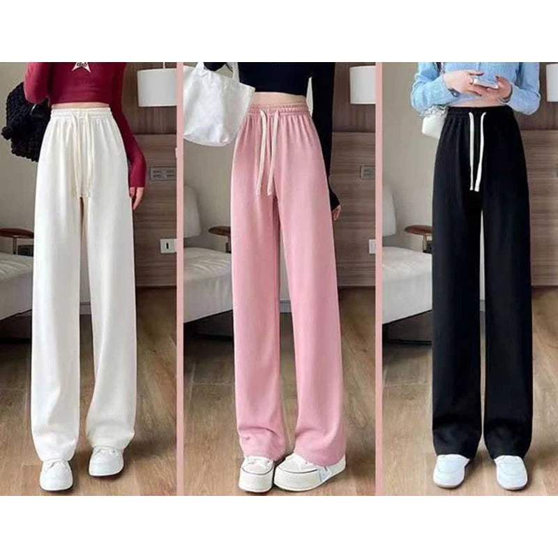 Wide Leg Pants Drawstring Elastic Waist Straight Long Pants Casual Chic Trousers Sweet Summer For Women New In Clothes Solid Ins