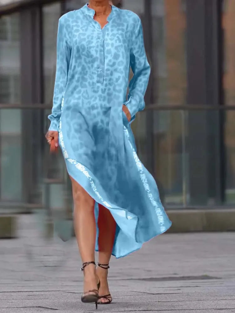 Elegant Casual Dress New Spring Summer Printed Long-sleeve V-neck Leopard Print Slit Pocket Dress For Women Fashion Party Dress