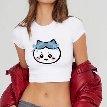 E Girl Harajuku Japanese Chiikawa Short Sleeve T-shirt Kawaii Y2K Crop Tops Emo 90s Vintage Graphic Print Short Sleeve Baby Tees