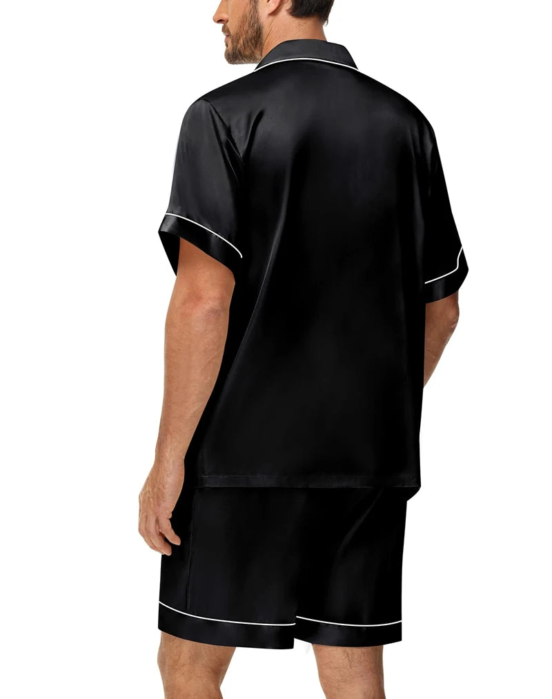 Men's Luxury Satin Pajama Set Solid Color Short Sleeve Lapel Top And Elastic Shorts Comfortable Fit Summer Loungewear Sleepwear