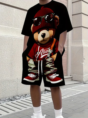 The 2025 summer new men's suit features a retro Teddy bear printed round-neck T-shirt and shorts, knitted polyester men's wear