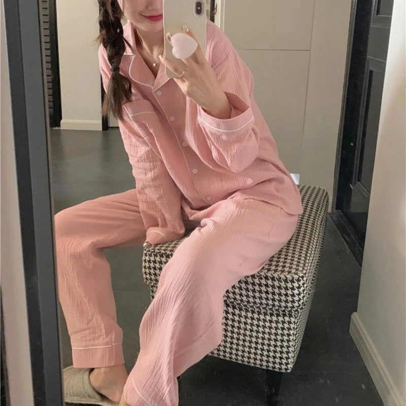 Autumn Women's Japanese New Long-Sleeved Pajamas Homewear Set of Sweet Girls Long Trousers Pajamas Bubble Cotton Casual Homewear