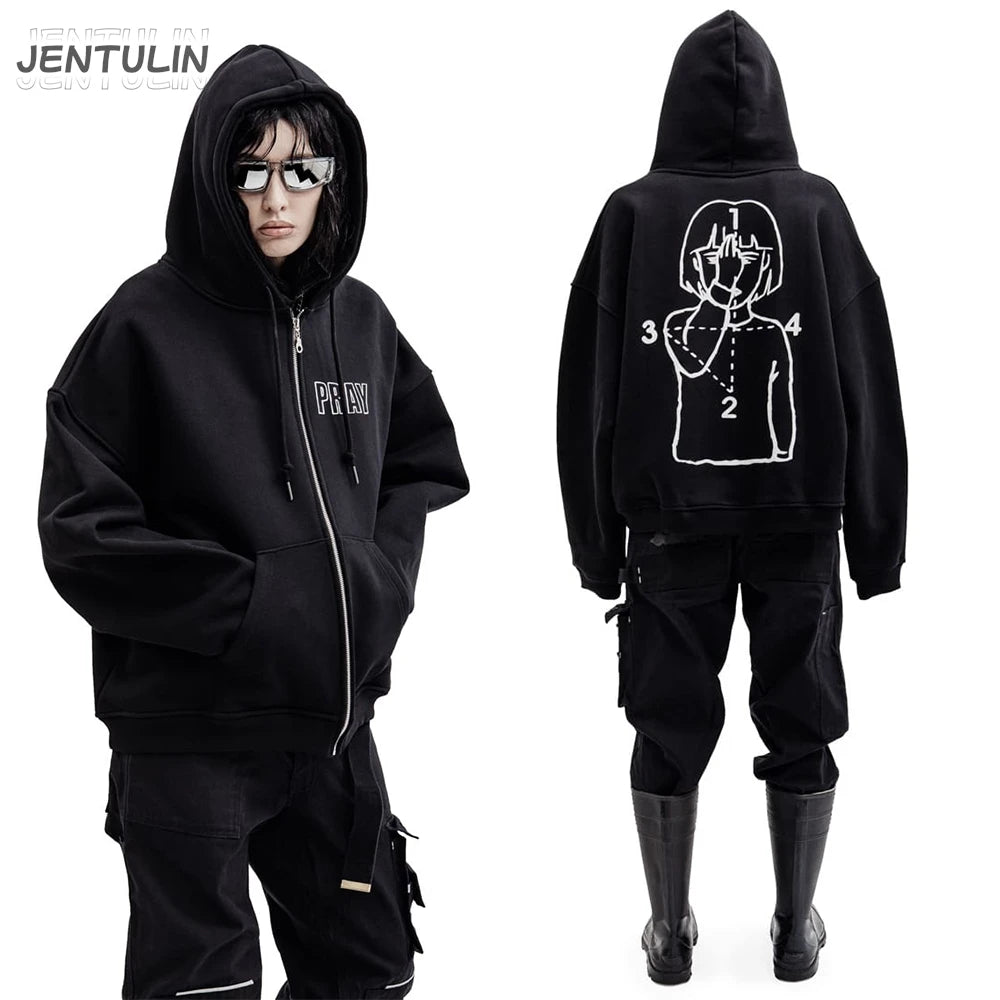 Hip Hop Men Women Zip Up Hoodie Pray Graphic Print Zipper Hooded Oversized Sweatshirt Streetwear Jacket Y2K Coat Clothing Gothic
