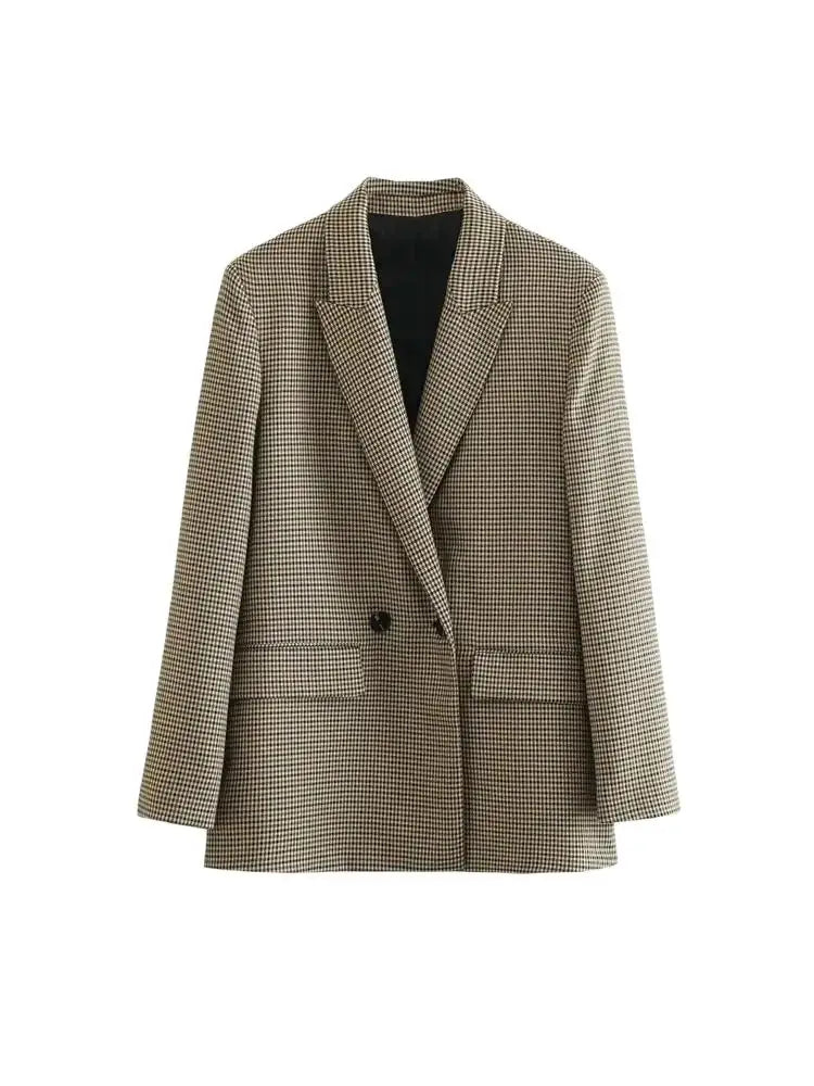 TRZA Women Fashion Double Breasted Plaid Blazer Coat Vintage Long Sleeve Flap Pockets Female Outerwear Chic Vestes Femme