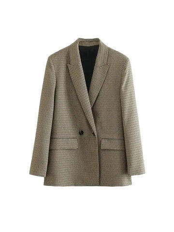 TRZA Women Fashion Double Breasted Plaid Blazer Coat Vintage Long Sleeve Flap Pockets Female Outerwear Chic Vestes Femme