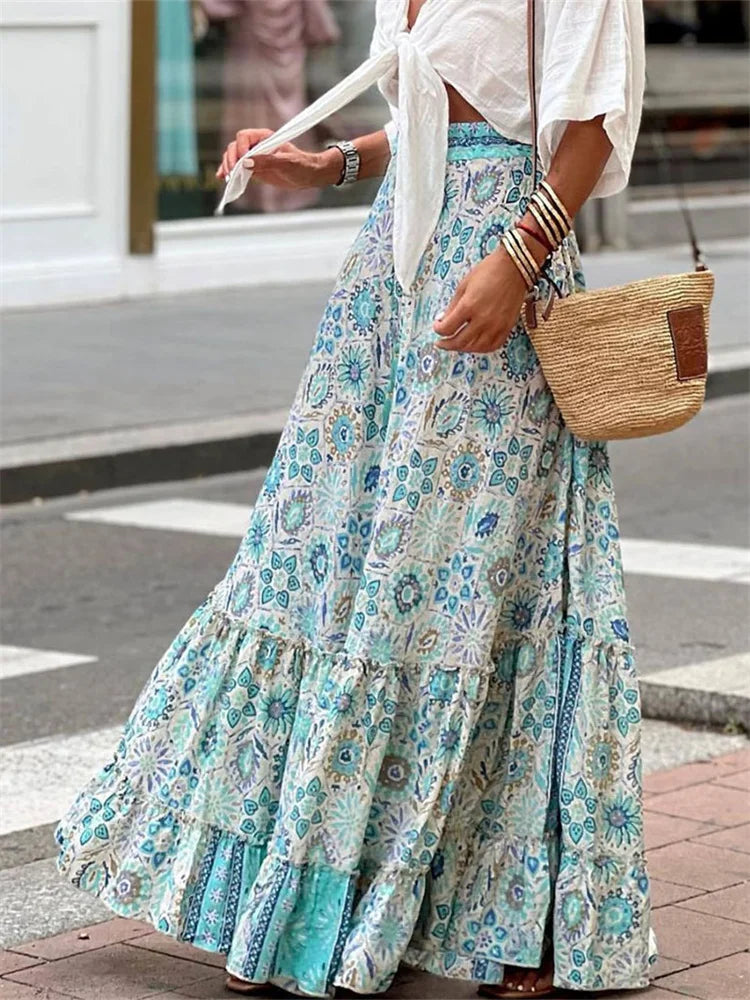 Women Flowy Boho Skirt Printed Ruffled Hem Summer Casual Long Skirt for Beach Vacation Club Streetwear Aesthetic Clothes