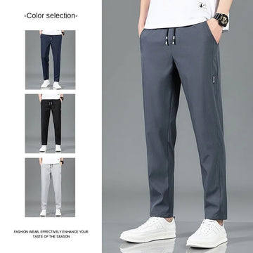 Ice Silk Men's Pants 2025 Summer New Black Gray Thin Business Casual Pants Outdoor Elastic Breathable Straight Leg Sweatpants