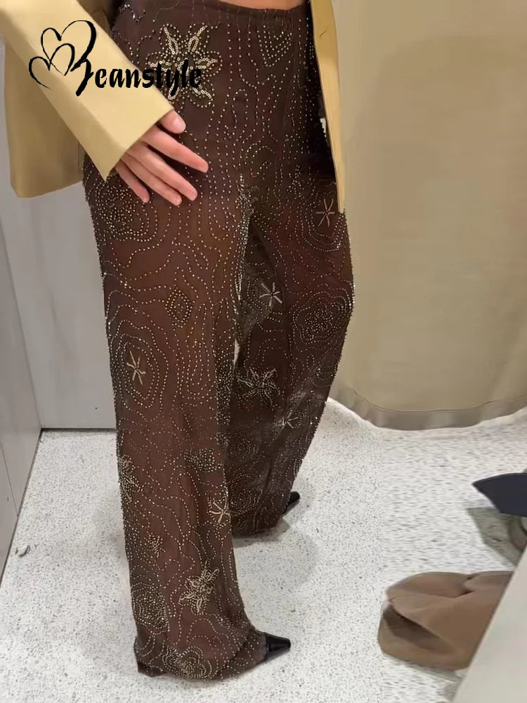 Sequined Five-pointed Star Pants Women Y2k Elastic Waist Wide Leg See Through Trousers Female 2025 Summer Lady Party Streetwear