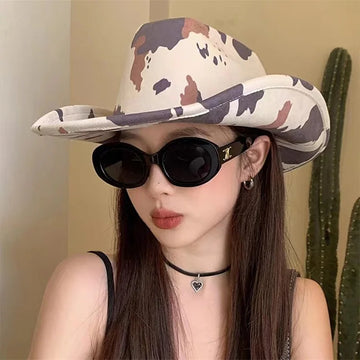 Combhasaki Women's Y2K Vintage Cowgirl Hat Aesthetic Cow Pattern Soft Wide Brim Hat Western Hat for Club Party