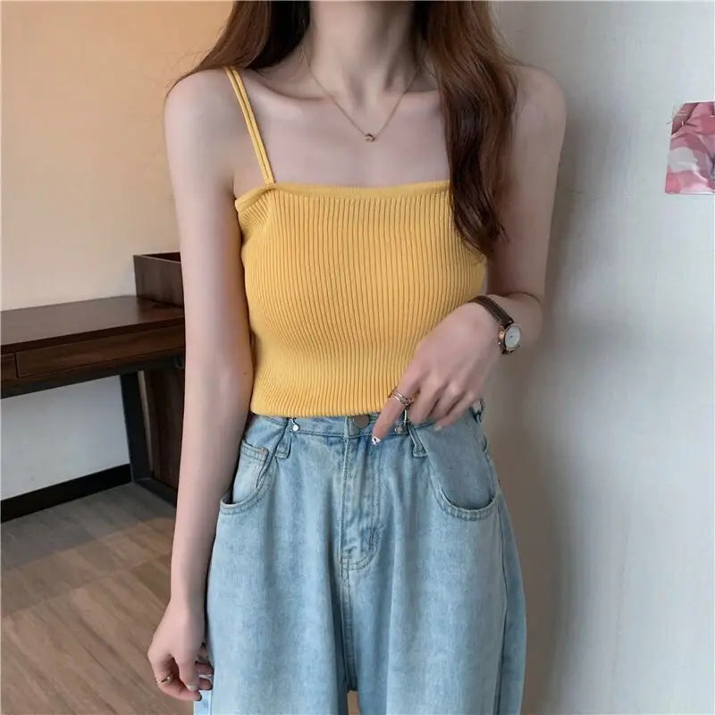 2025 Casual Women Halter Crop Tops Summer Sleeveless Camis Backless Strap Tank Top Slim Solid Short Female Tube Cropped Vest - OneLoveCanada