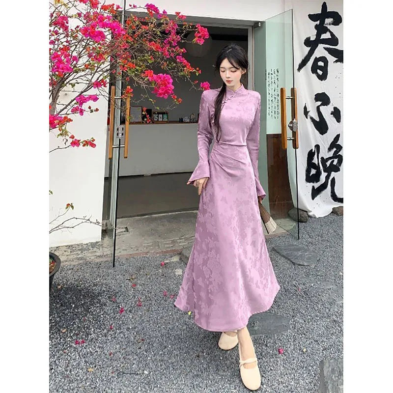 New Chinese Style Folding Stand Collar Dress Autumn Waist-lifting Modified Cheongsam Women's Temperament Long Dresses
