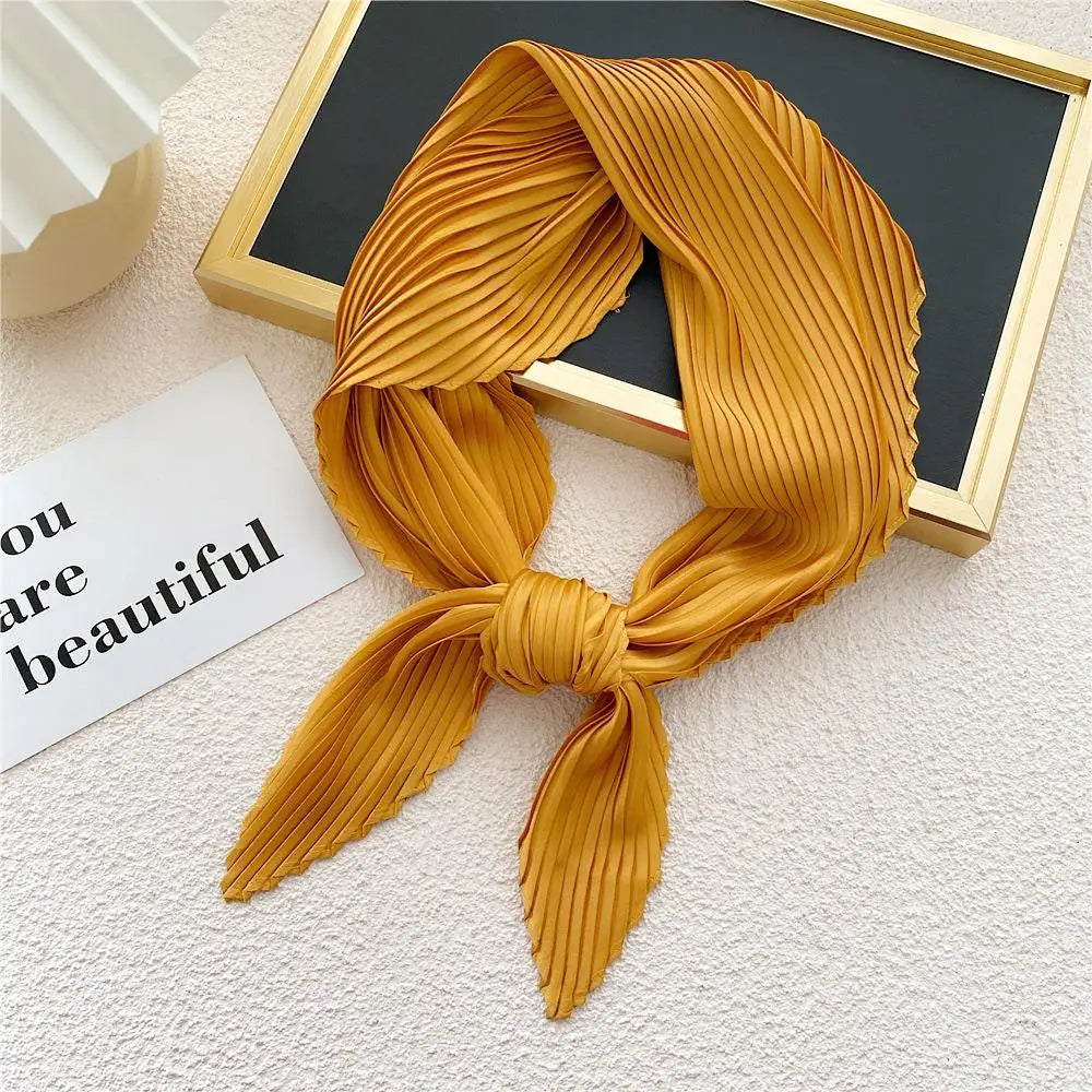 Women Pleated Satin Scarf For Ladies Neckerchief Ribbon Square Skinny Hair Tie Band Kerchief Satin Foulard Scarves Headscarf