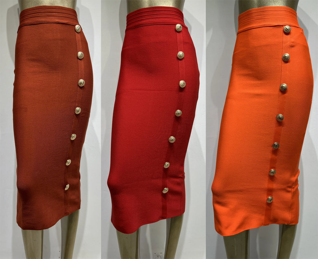 Spring New Women Bandage Skirts Elegant High Waist  Midi Calf Gold Buttons Pencil Skirt High Street Office Lady Formal Clothing