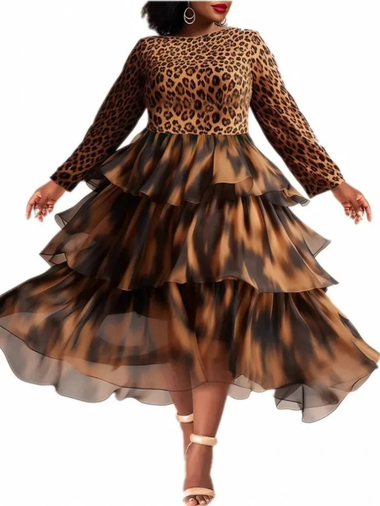 Women Plus Size Dress Leopard Printed Round Neck Mesh Layer Long Sleeve American Retro High Street African Midi Dresses 2025