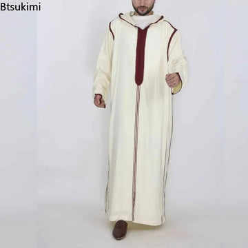2025 Men's Muslim Thobe Middle East Jubba Thobe Long Sleeves Islamic Robe Men Muslim Dress Saudi Arabic Hooded Thobe Abaya Male