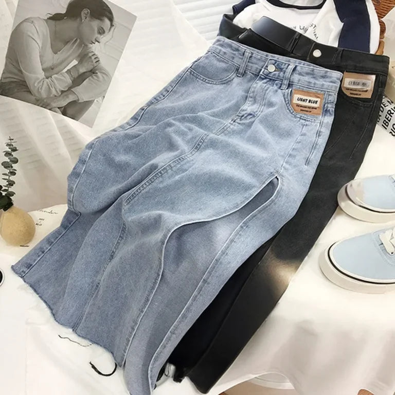 Women Summer High-waist A- shaped Skirt Side Split Irregular Medium-length Slimming Cotton Fabric Trendy