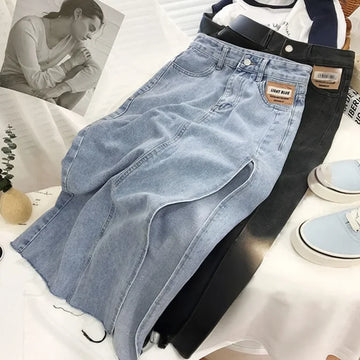 Women Summer High-waist A- shaped Skirt Side Split Irregular Medium-length Slimming Cotton Fabric Trendy