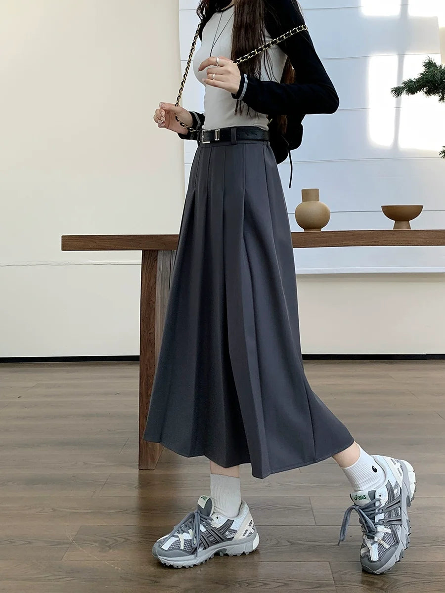 SALIENCY High Waist Solid Pleated Grey Knee-length Skirts Spring and Summer Fashion Preppy Style A-Line Pleated Skirt Streetwear