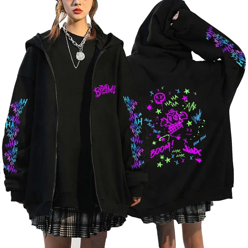 Arcane-Jinx Zipper Hoodie Monkey Graffiti Zip Up Jacket Men Women Game Lover Popular Sweatshirts HipHop Streetwear Pullover Gift