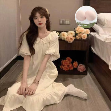 Pajamas Women's Summer Nightdresses with Chest Pads, High-Quality Literary and Artistic, Cute and Sweet, Thin Loungewear
