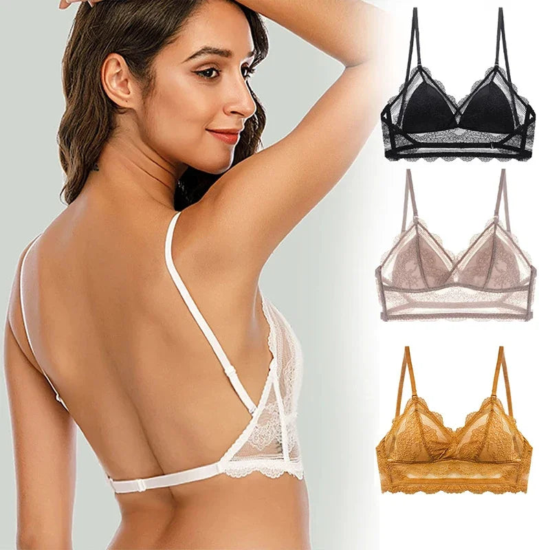 Sexy Lace Bra Ladies Low Back Transparent Bras Deep U Backless Bralette Triangular Soft Seamless Underwear for Women Tank Tops