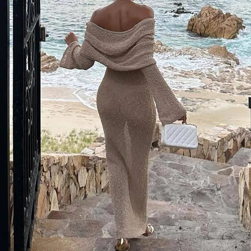 New Style Knitted One-Shoulder See-Through Beachwear Cover Up Women's Beach Vacation Sunscreen Dress Elegant Long Dress