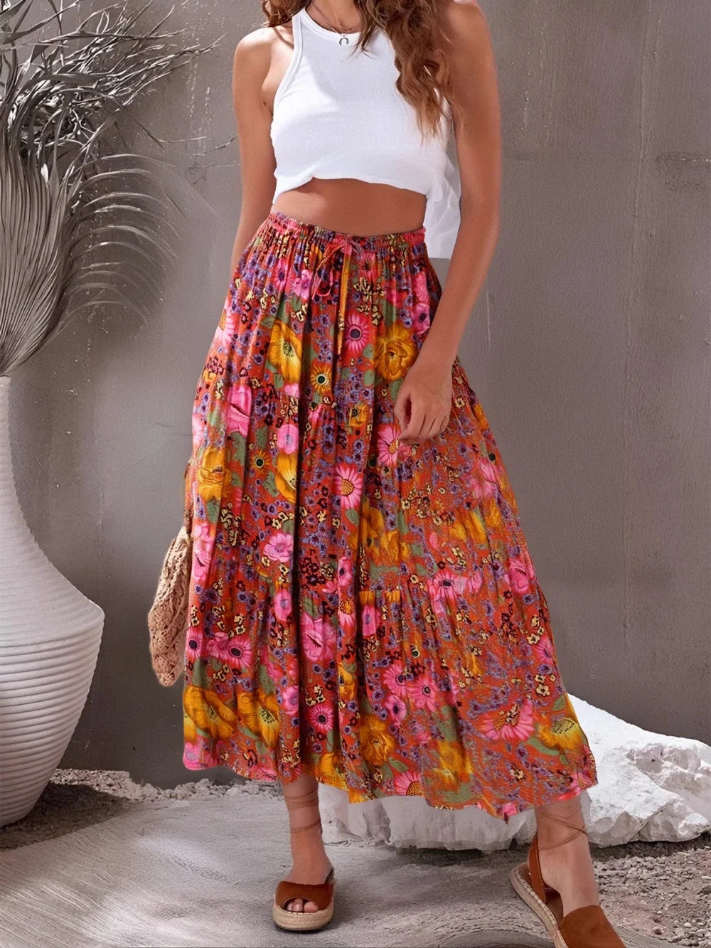 Happie Queens Fashion Hippie Women Beach Bohemian Red Floral Print Skirt High Elastic Waist   A-Line Boho Maxi Skirts Femme