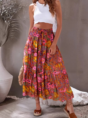 Happie Queens Fashion Hippie Women Beach Bohemian Red Floral Print Skirt High Elastic Waist   A-Line Boho Maxi Skirts Femme