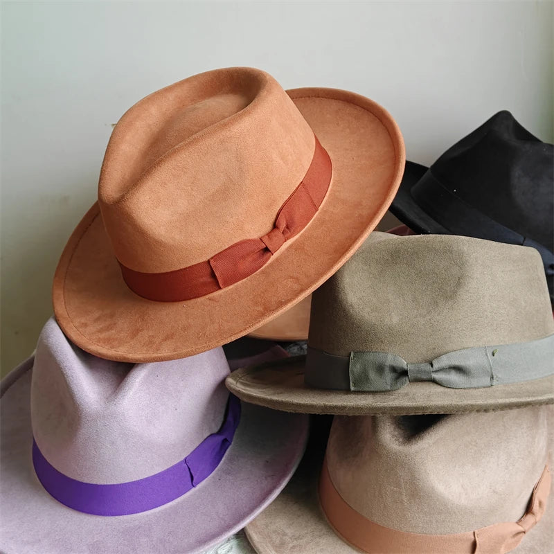 2025 new Suede Hat Trilby Stiff Short Brim Rancher hat for men Curved eaves classic fedora Bow vintage hat sombrero hombre
