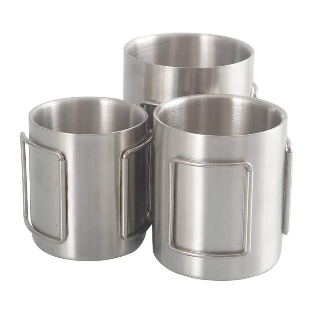 Camping Cup 200ml/300ml/400ml Stainless Steel Water Cup Tea Cup Coffee Mug with Foldable Handles for Outdoor Camping Hiking