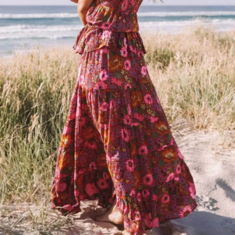 Happie Queens Fashion Hippie Women Beach Bohemian Red Floral Print Skirt High Elastic Waist   A-Line Boho Maxi Skirts Femme