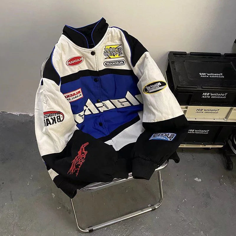 Retro Racing Jacket for Men High Street Motorcycle Jacket 2023 Spring New Male Color Matching Printing Baseball Coat