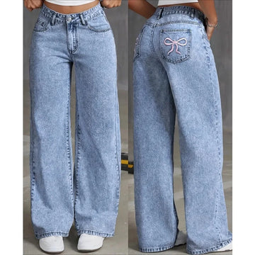 Denim Wide Leg Jeans High waisted  Bow Embroidered Pocket Wide Leg Jeans  Fashionable Women's Trousers Casual Style