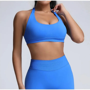 Sports Bra Women Seamless Halter Neck Strap Padded Open Back Yoga Top Bra Medium Support Gym Crop Top