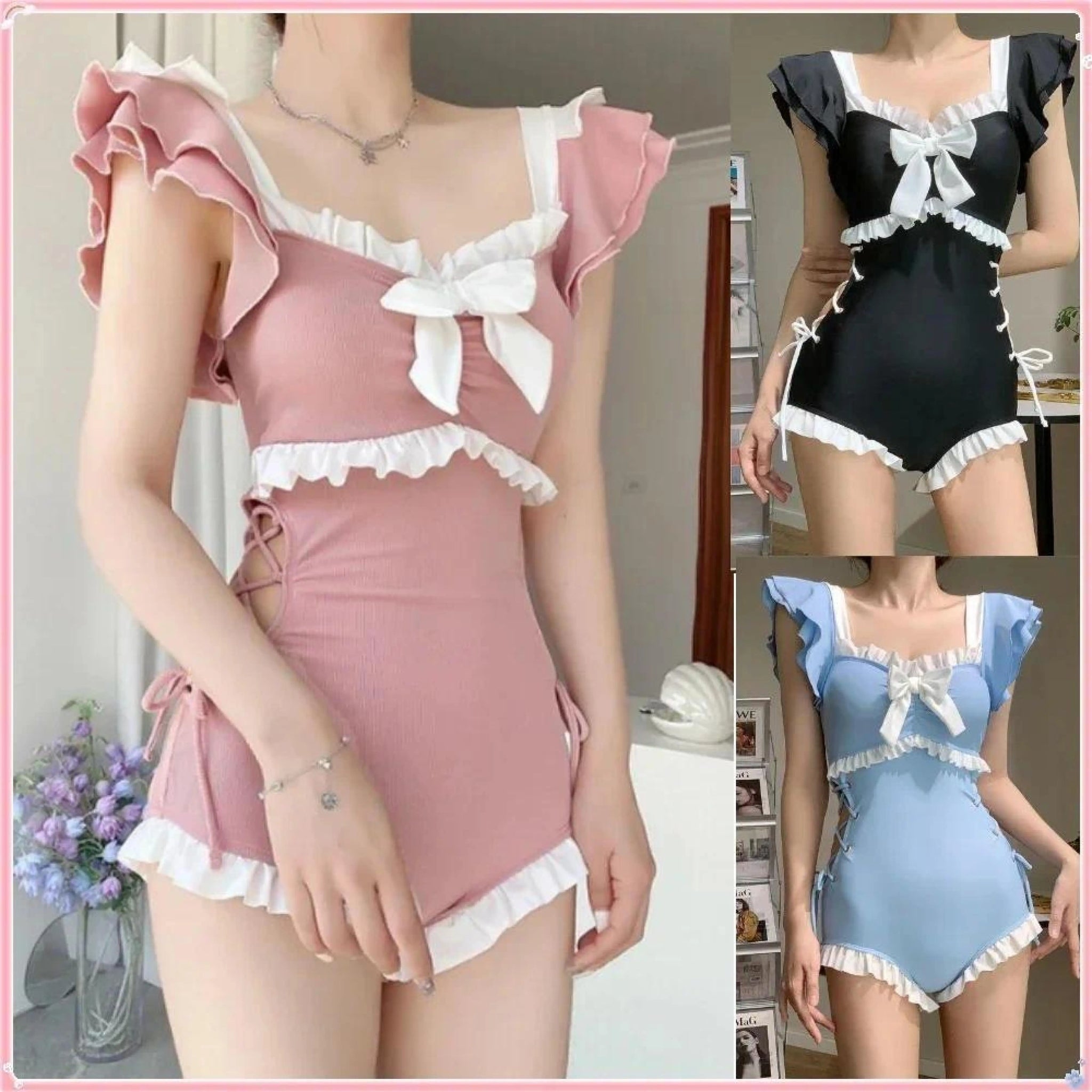 New Kawaii Swimsuit Women Bikini Korean Fashion Swimwear One-Piece Monokini Sexy Push Up Girls Padded Beach Wear Swimming Summer