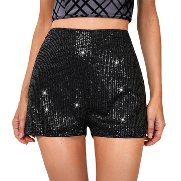 Puloru Sparkly Black Sequins Shorts Women's Summer Glitter Shorts Casual Street Mid Waist Elastic Band Straight Leg Hot Shorts