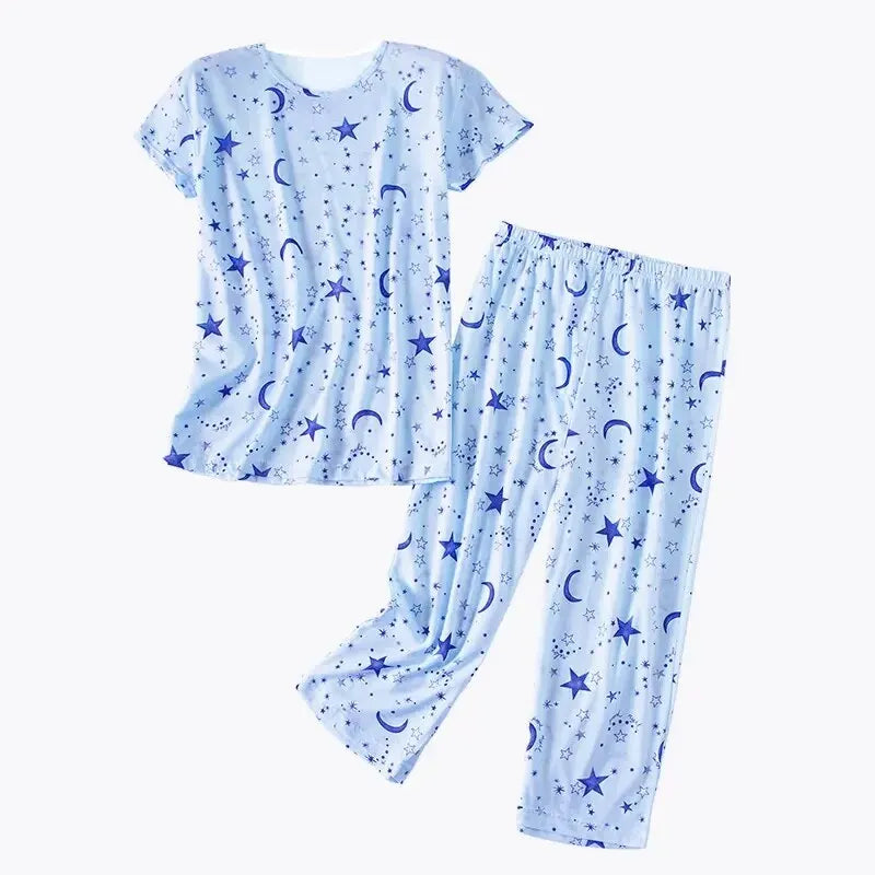 Ladies Casual Home Printed Pajama Set Short Sleeve Top Long Pants Casual Fun Printed Pajama Set