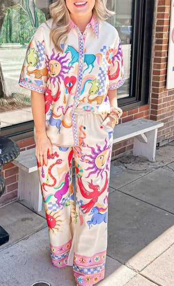 Women Summer Pants Outfits Sun Print Short Sleeve Shirts Tops Elastic Waist Long Pants 2 Pieces Clothes Set