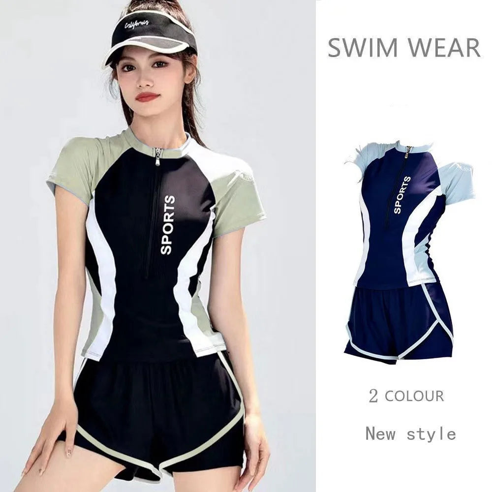 Fashion Women's Swimming Suit Ladies Patchwork Short Sleeve Swimwear 2023 Sports Pool Beachwear Two Piece Swimsuit With Shorts